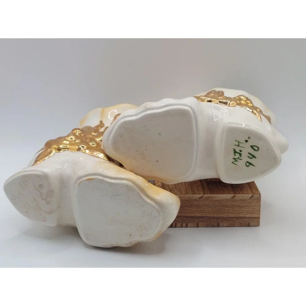 Vintage White Gold Ceramic Boot Planter Pair Rose Floral Shabby Chic Victorian